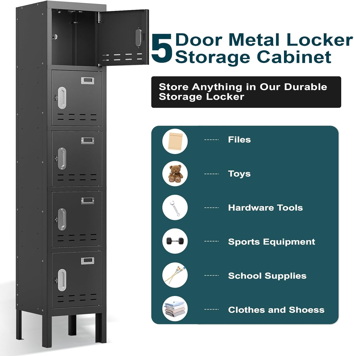 Metal Lockers - 66" Height Steel Lockers for Employees with 5 Door Storage Locker with Card Slot for Employees Gym School Home Office Garage - Assembly Required