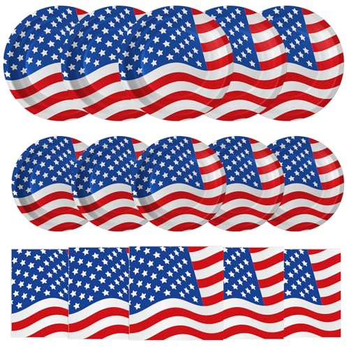 4th of July Plates and Napkins Sets - Patriotic American Flag Party Supplies Tableware July 4th Disposable Paper Plates Napkins Set for Memorial Day Independence Day Decorations Table Decor Serve 50