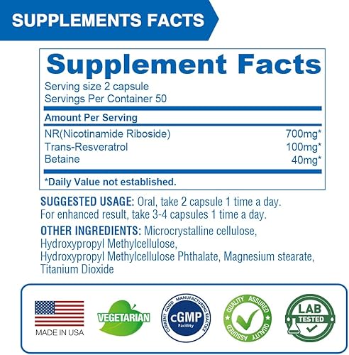 Miniatura 6 de LOVITA NR (ribósido de nicotinamida) 840 mg, suplemento NAD con trans-resveratrol y betaína, promueve los niveles de NAD Plus, envejecimiento
