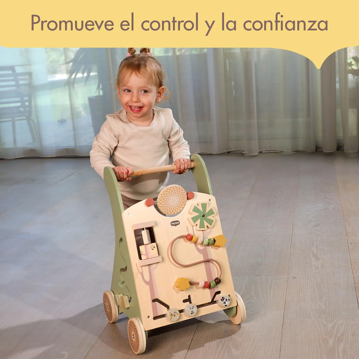 Tiny Love Andador Bebes Madera, 2-en-1 andador de actividades, 12 actividades interactivas, habilidades motoras, desarrollo cognitivo, diseño natural, más de 18 meses, Boho Chic