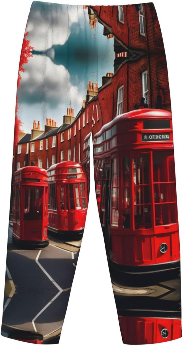 Red London Street Print Cozy Christmas Pajama Pants,Flannel Pajama Bottoms,Cater To Various Body Types
