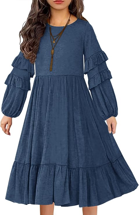 MITILLY Girls Boho Long Sleeve Dress Crewneck Ruffle Swing Casual Loose Flowy Tiered Midi Fall Winter Dress with Pockets