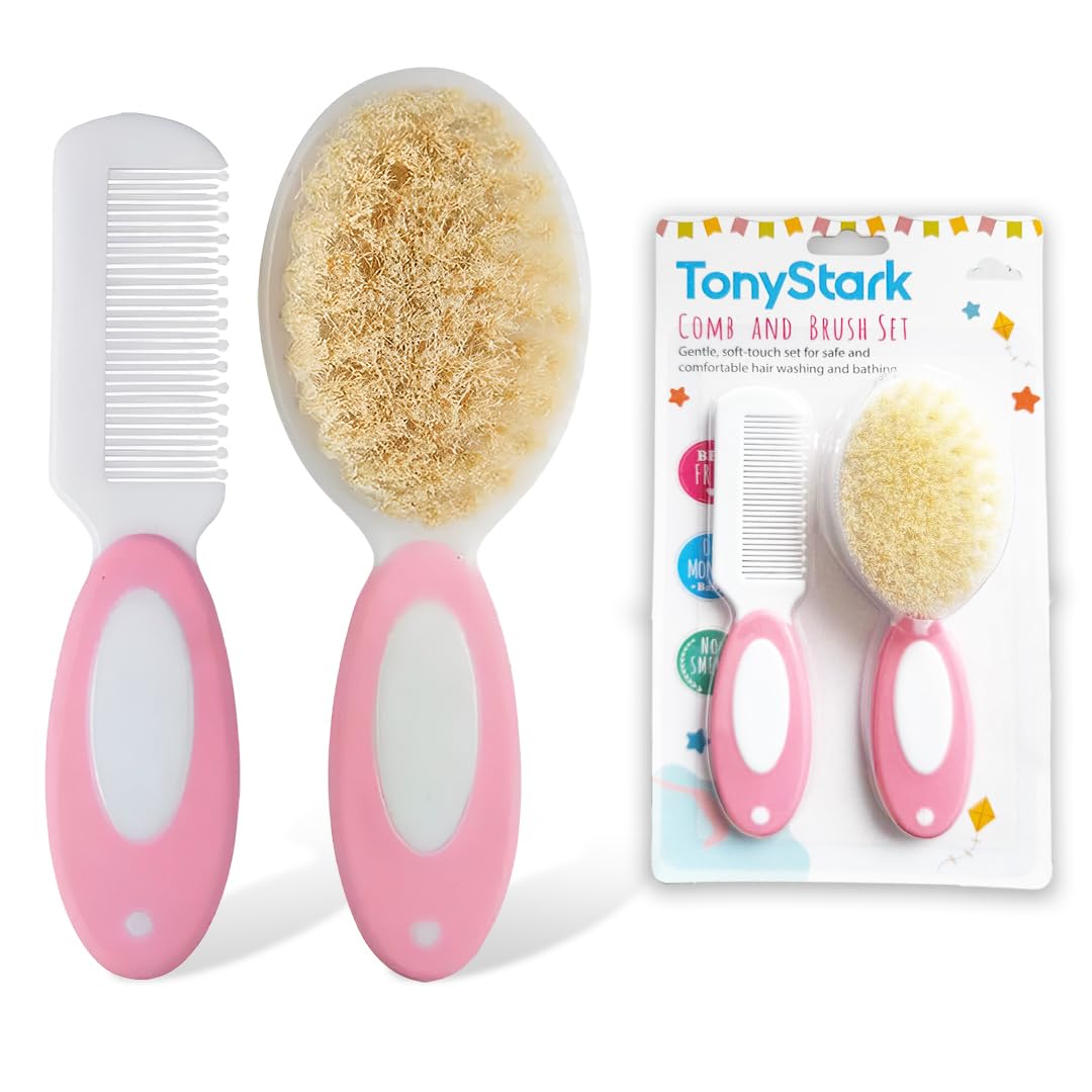 TONY STARK Baby Brush and Comb Set, Newborn Essentials Set with Baby Comb and Soft Bristle Hair Brush for Your Toddler’s Scalp (Pink)