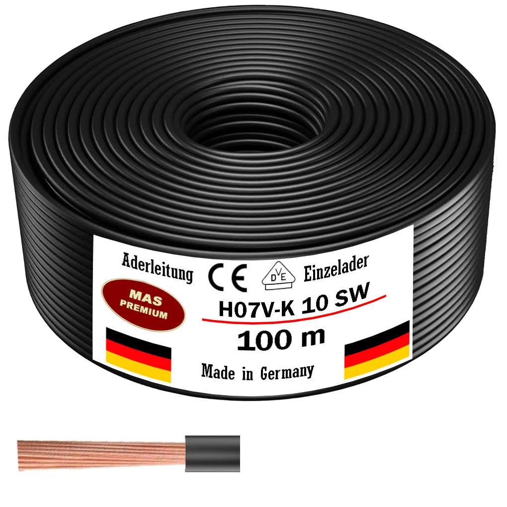 Cable de 5 a 100 m H07 V-K 10 mm² negro, marrón, azul oscuro, amarillo verdoso, azul claro o rojo, cable individual flexible (negro, 100 m)