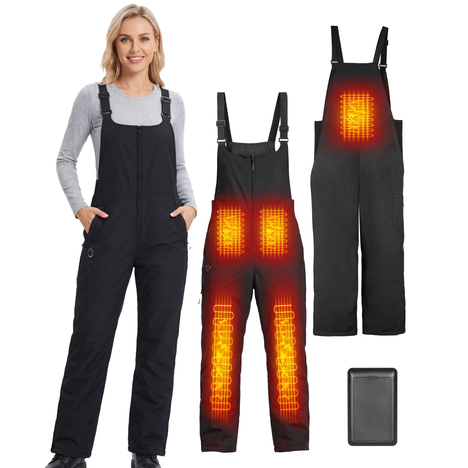 Beheizbare Latzhose Damen Skihose Wasserdicht Winddicht Snowboardhose Warme Isolierung Schneelatzoverall Skianzug mit Akku Multi Pockets Arbeitslatzhose Damen mit Verstellbaren Hosenträgern