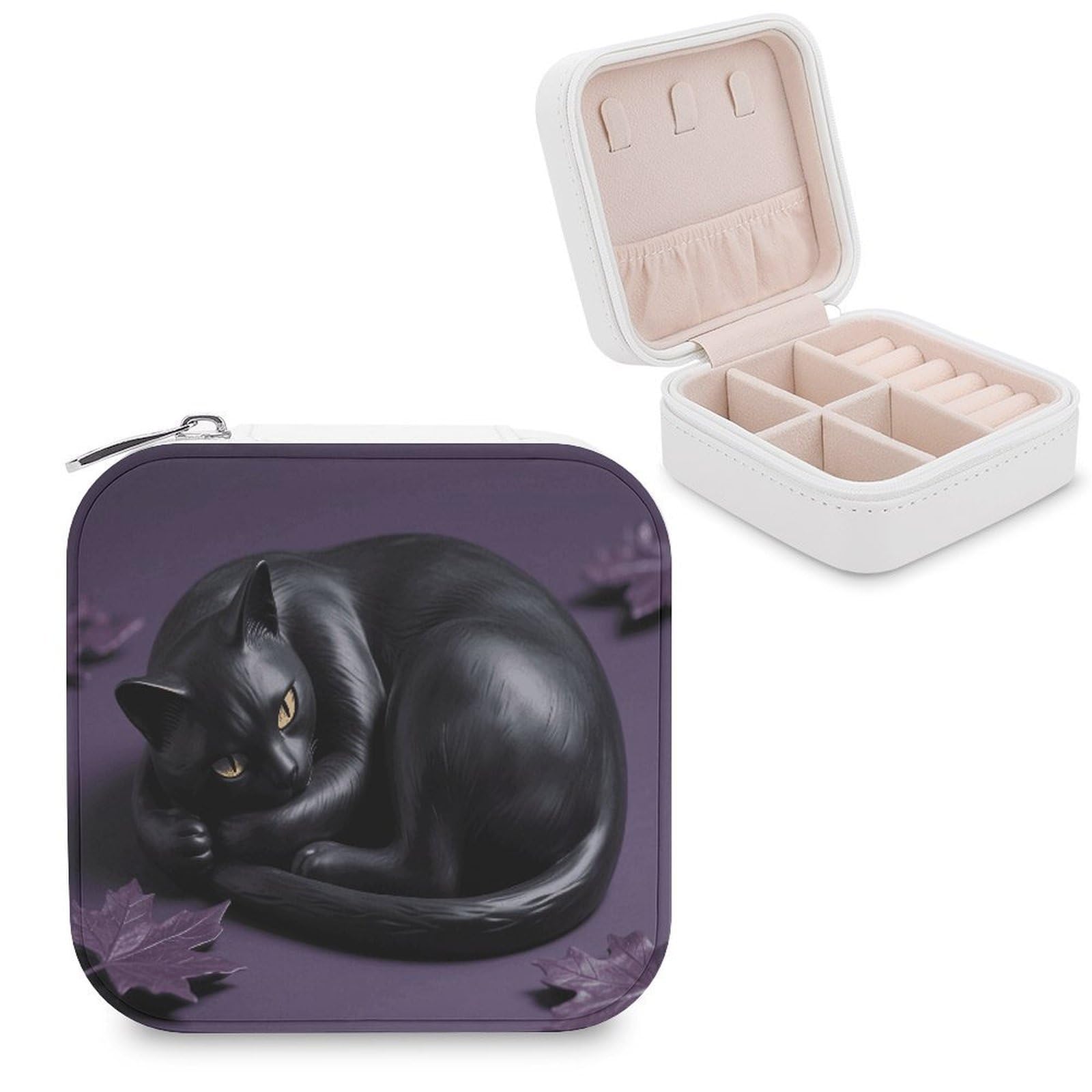 VstaDank Black Cat Jewelry Box for Women Jewelry Organizer Storage Case with Zipper Mini Travel Jewelry Case Cute Trinket Organizer Leather Portable Jewelry Storage Box