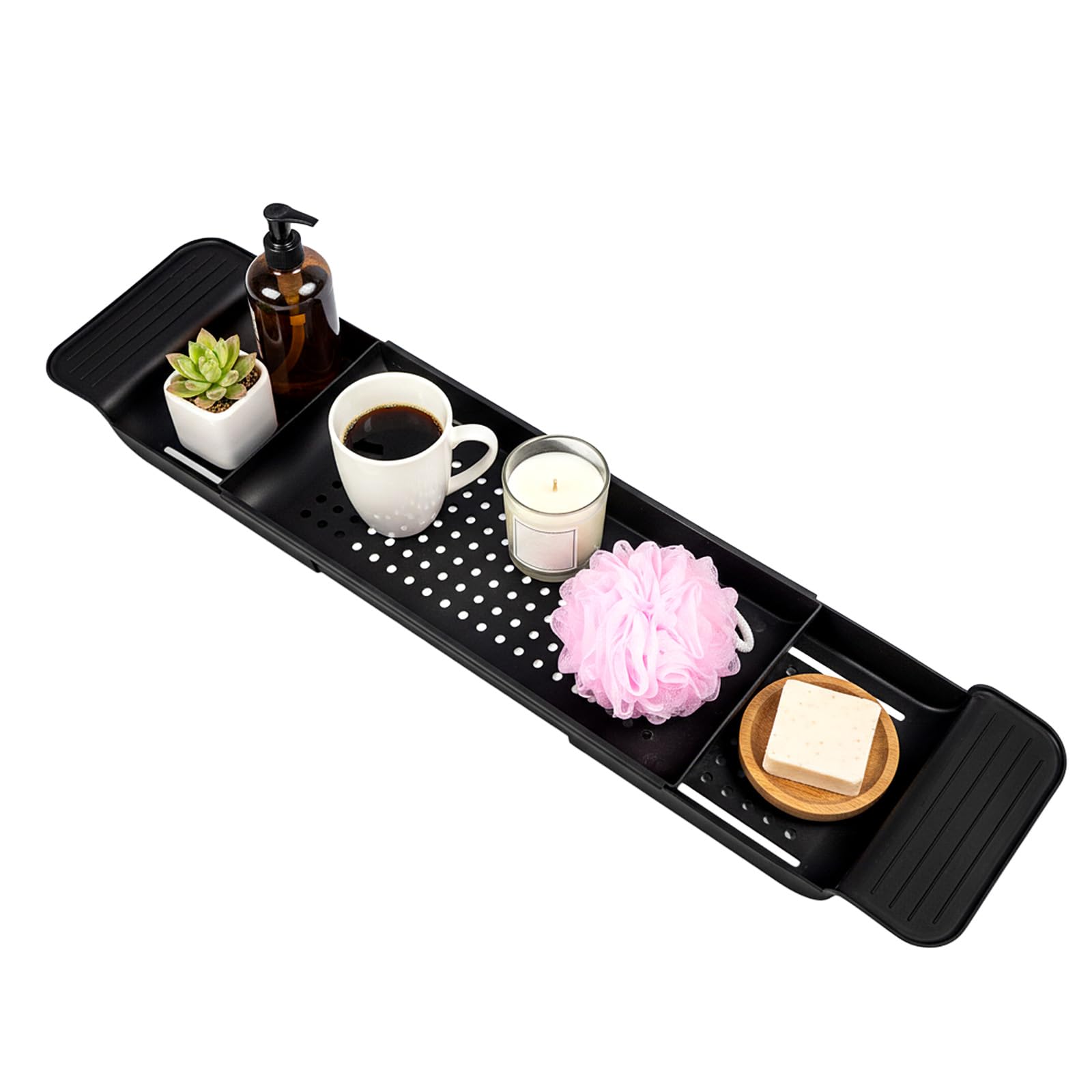 GREENSAPPIRE Bath Rack Trays Adjustable Bathtub Caddy Tray Bathroom Rack Shelf Retractable Bathroom Accessories Board Bathroom Trays for Place Candles Wine Glass Book Phone Pad Holder (Black)