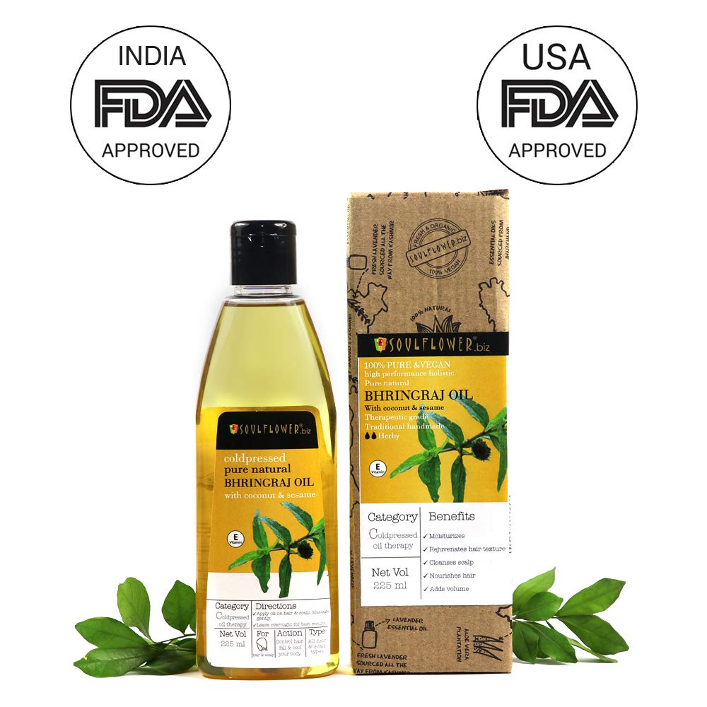 Soulflower Bhringraj Hair Oil, 100% Natural, Coldpressed with Coconut, Sesame, Mother herb | 225ml