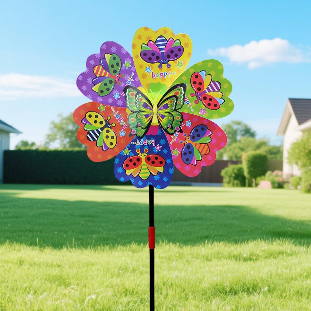 HASTHIP®Garden Ornament Decorative Windmills, 9.24 inch Diameter Cut Out Colorful Windmills 3D Butterfly Charm Assembly Windmills with Rods - Image 7 thumbnail