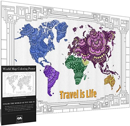 Travel is LifeWorld Map Coloring Poster X-Large Gift Map with Advanced Mandala Designs for Kids & Adults 24" x 36"
