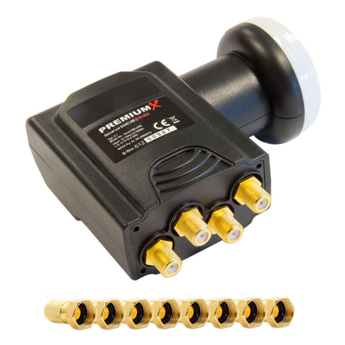 PremiumX X Deluxe Quad LNB PLL SAT for 4 Subscribers Digital Satellite Signal Converter DVB-S2 TV HD UHD 4K with 8x F-Screw Connector