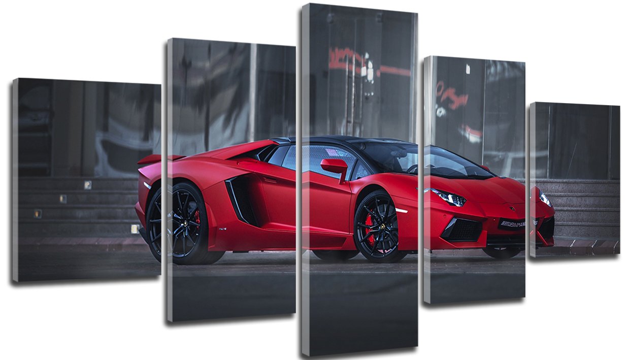 Car Canvas Wall Art Red Lamborghini Wall Decor Car Posters for Boys Room Cool Sports Car Prints Pictures Racing Car Supercar Paintings Artwork Men Bedroom Living Room Home Decorations 60x32” 5 Panels