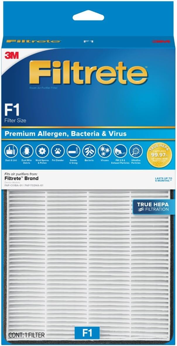 Filtrete F1 Room Air Purifier Filter, True HEPA Premium Allergen, Bacteria, & Virus, 12 in. x 6.75 in., 4-Pack, Works with Devices: FAP-C01BA-G1, FAP-T02WA-G1 and FAP-ST02N