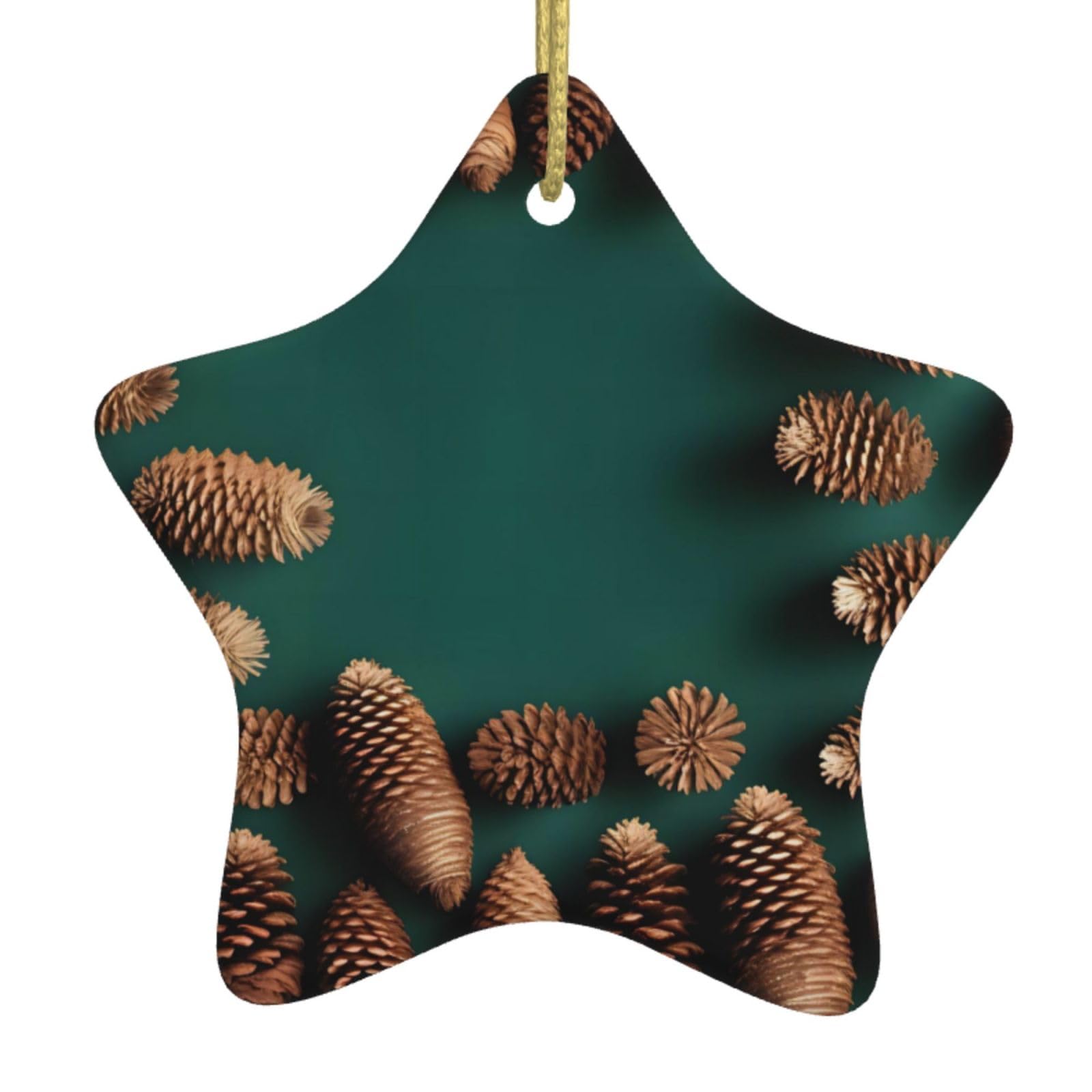 Pine Cone Border Christmas Ceramic Star Pendant with Punched Holes and Gold Wire Rope, Christmas Tree Home Decoration
