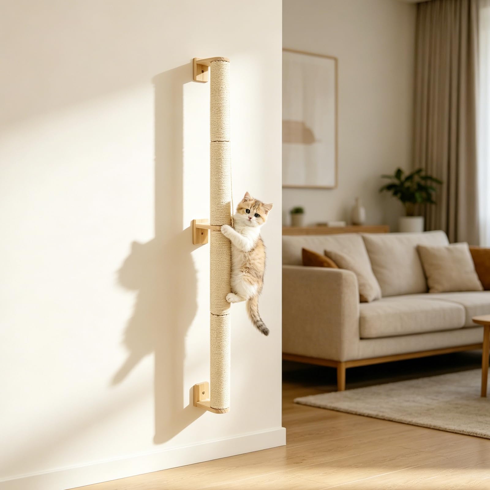 Rascador de repuesto para tronco de sisal, 2 piezas, tronco de sisal, diámetro de 7 x 34 cm, accesorios para rascador, altura de pila 70 cm, con tornillos M8 y llave (beige, pared)
