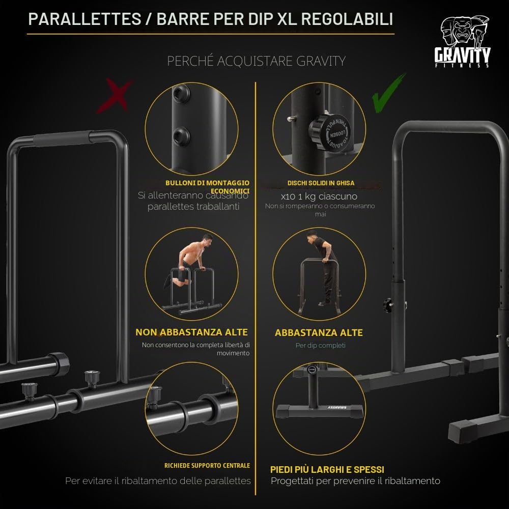 GRAVITY FITNESS Parallele Calisthenics Regolabili – Barre DIP Antiribaltamento per CrossFit, Allenamento Forza, Ginnastica – Impugnatura 38mm Regolabile in Altezza e Larghezza per Home Gym