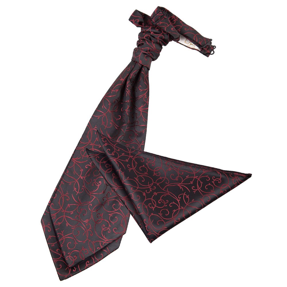 DQT Mens Swirl Floral Jacquard Pre-Tied Scrunchie Cravat & Pocket Square Set (2pc) - Wedding, Business & Formal - Burgundy & Black