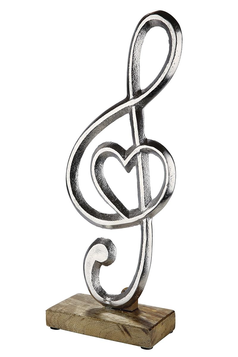 GILDE Standrelief Notenschlüssel aus Aluminium und Mangoholz, 39 cm hoch, silberfarben