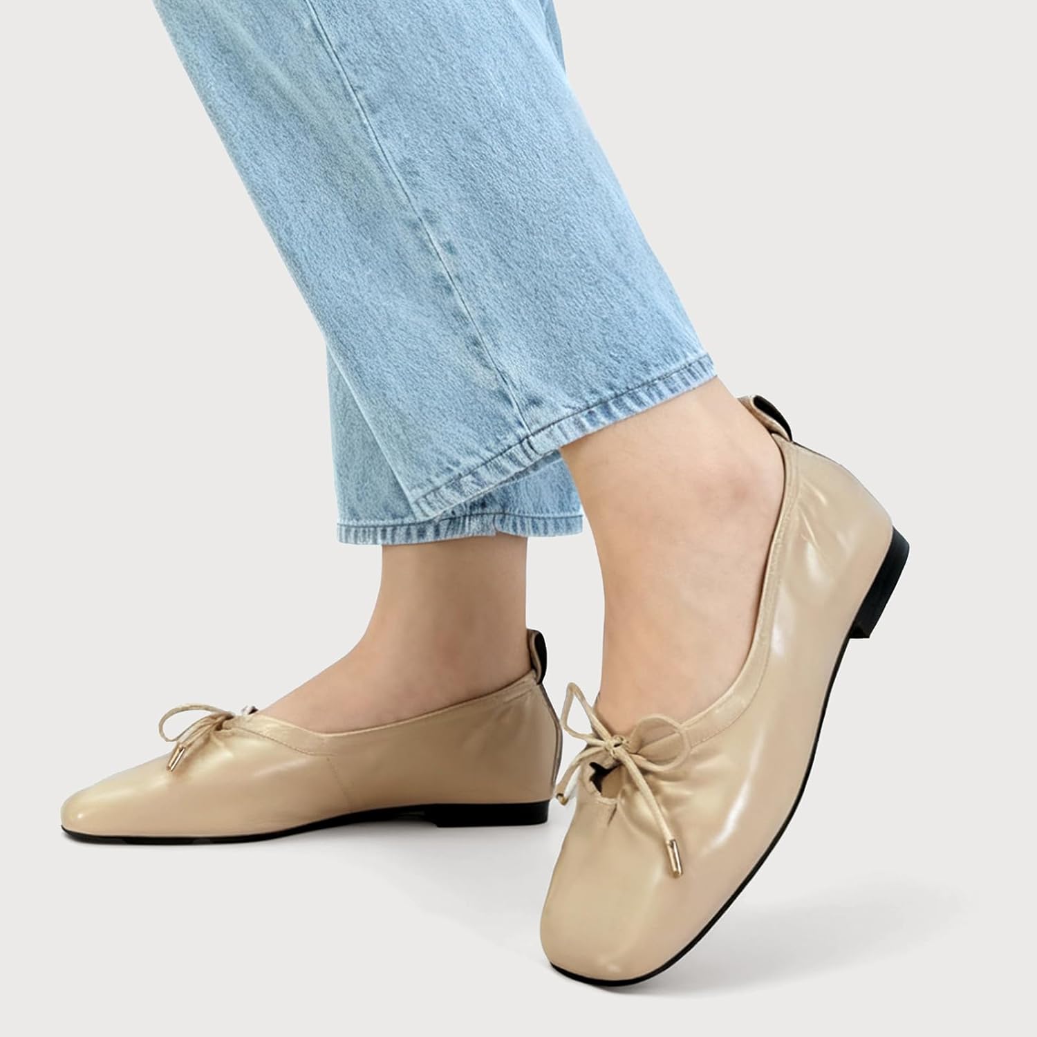 Womens Bow Ballet Flats Cute Square Toe Lace Up Bow Mary Jane Flats Slip On Casual Mary Ballerina Shoes - Image 3