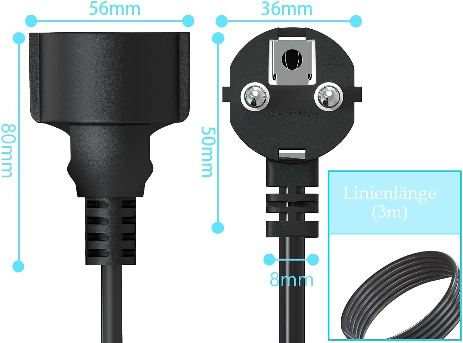 2M/3M/5M Power Extension line Flat Head Protection Contact Power Socket European Standard 16A/250V 1.5mm ² IP44 3680W(3m White)