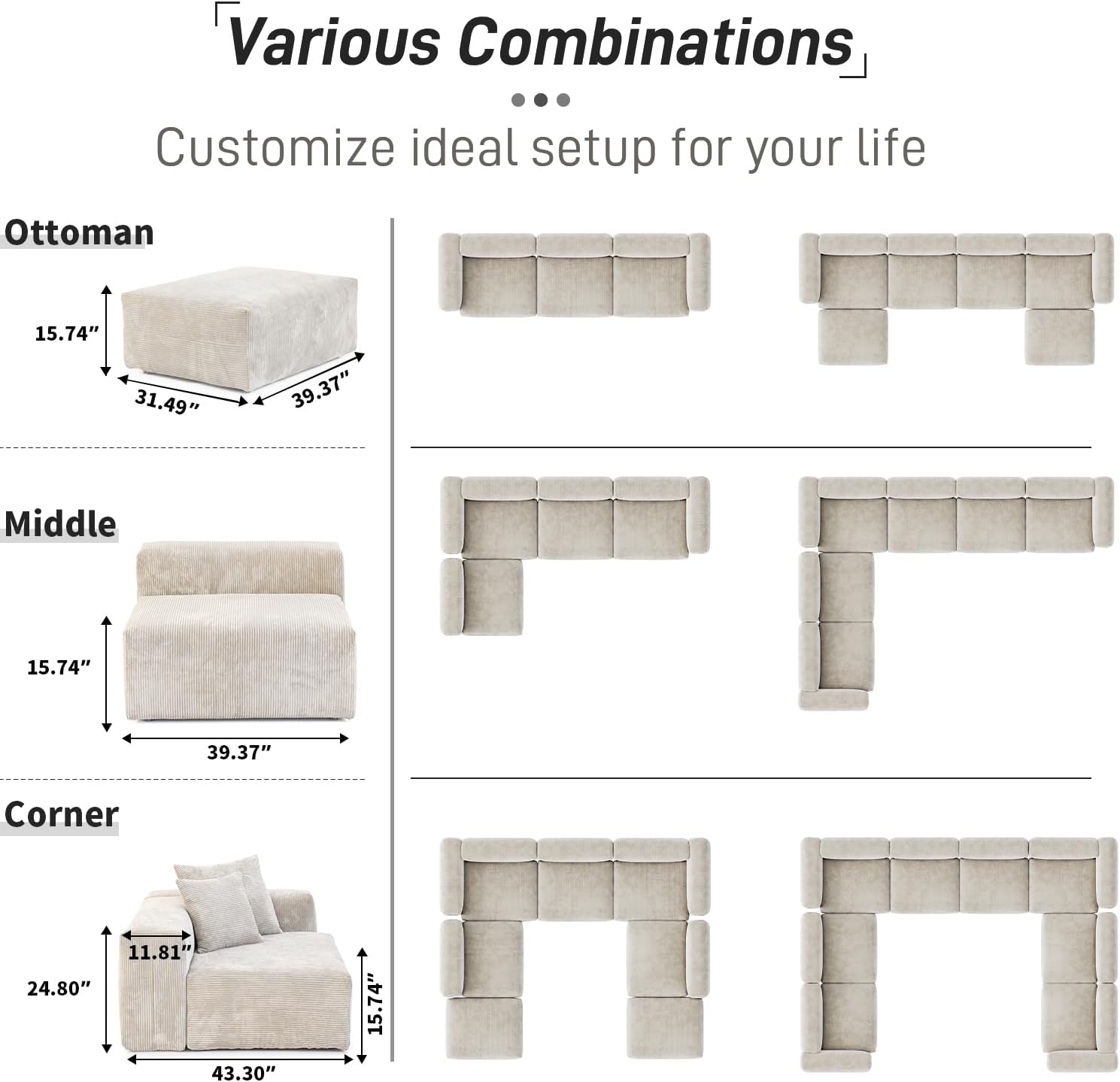WJShome Cloud Couch Modular Sectional Sofa,141.73inch L Shaped Couch,Oversized Corduroy Couches with Ottoman and Pillows, Beige 4 Seaters Cushion Covers Removable& Washable