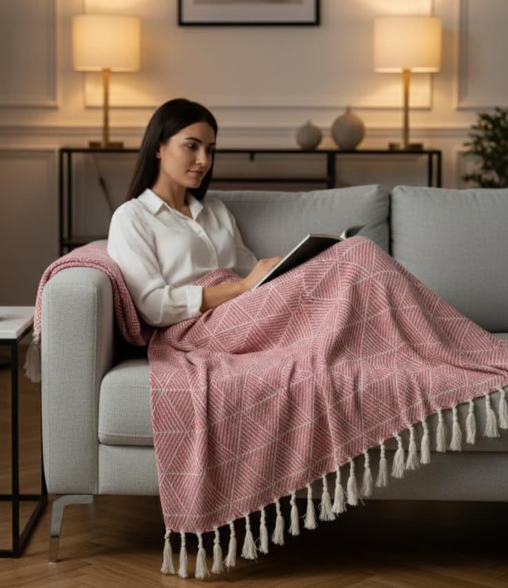 Image of HAKAM Diamond Woven Throw Blanket | 150x200 cm | Pink Sofa Cover, Bed, Chair & Travel - Ideal for All Season | Pack of 1