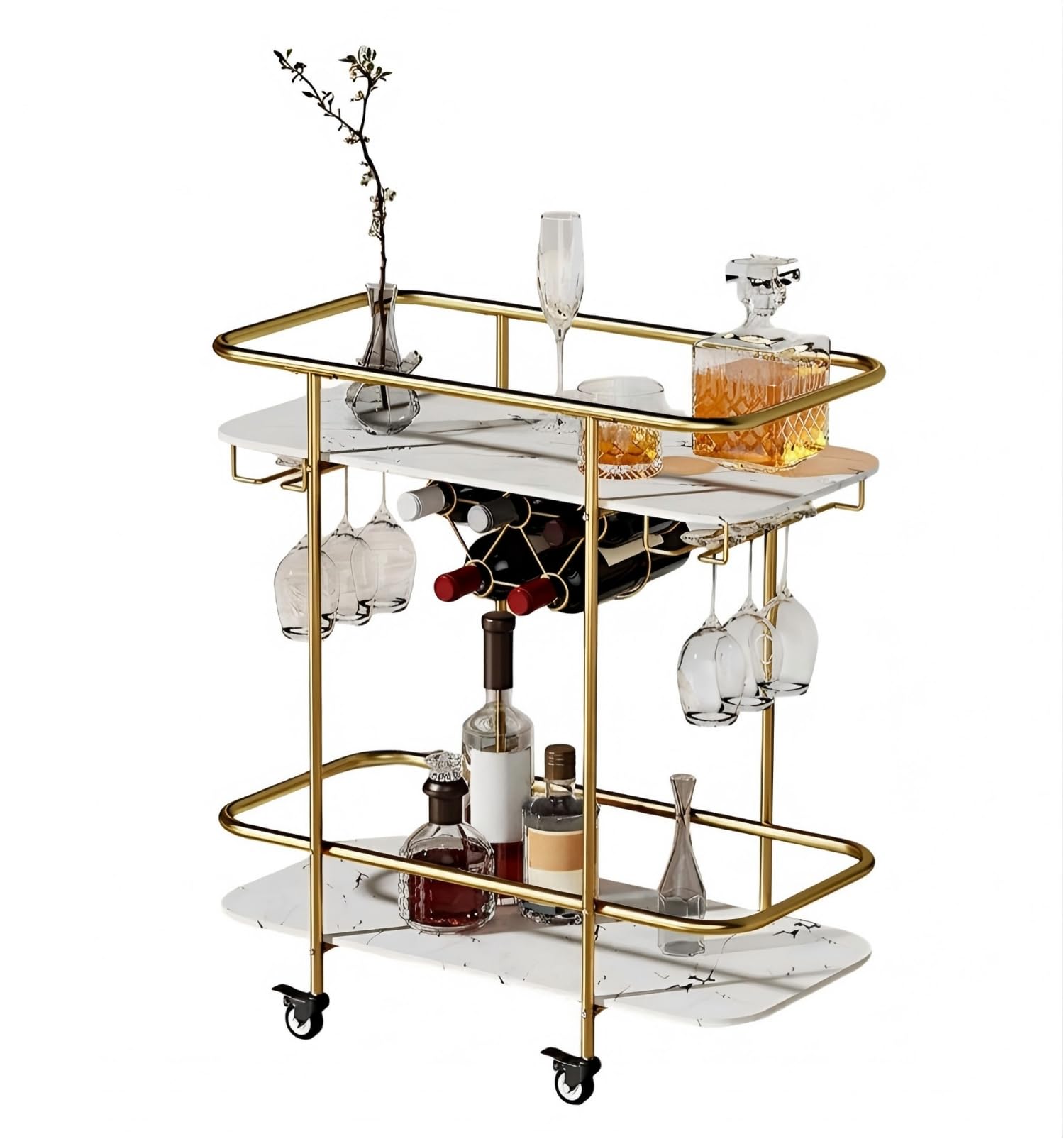 Carrello Bar 2 Ripiani, Carrello Portabevande Mobile con Ruote, Portavini e Portabicchieri, Carrello Portabevande Moderno per Casa Cucina Feste, Oro