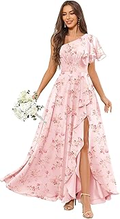 One Shoulder Bridesmaid Dresses with Sleeves Ruffle Chiffon Formal Dress for Women - Buy now