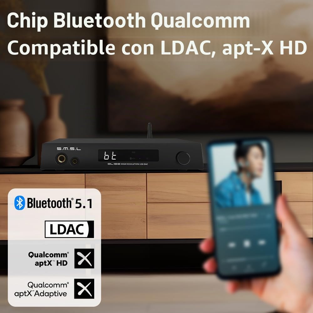 S.M.S.L DL100 DAC Amplificador CS43131 4 Chips PCM32bit/768kHz Receptor Estéreo Bluetooth5.1/USB/Optico/Coaxial/HDMI
