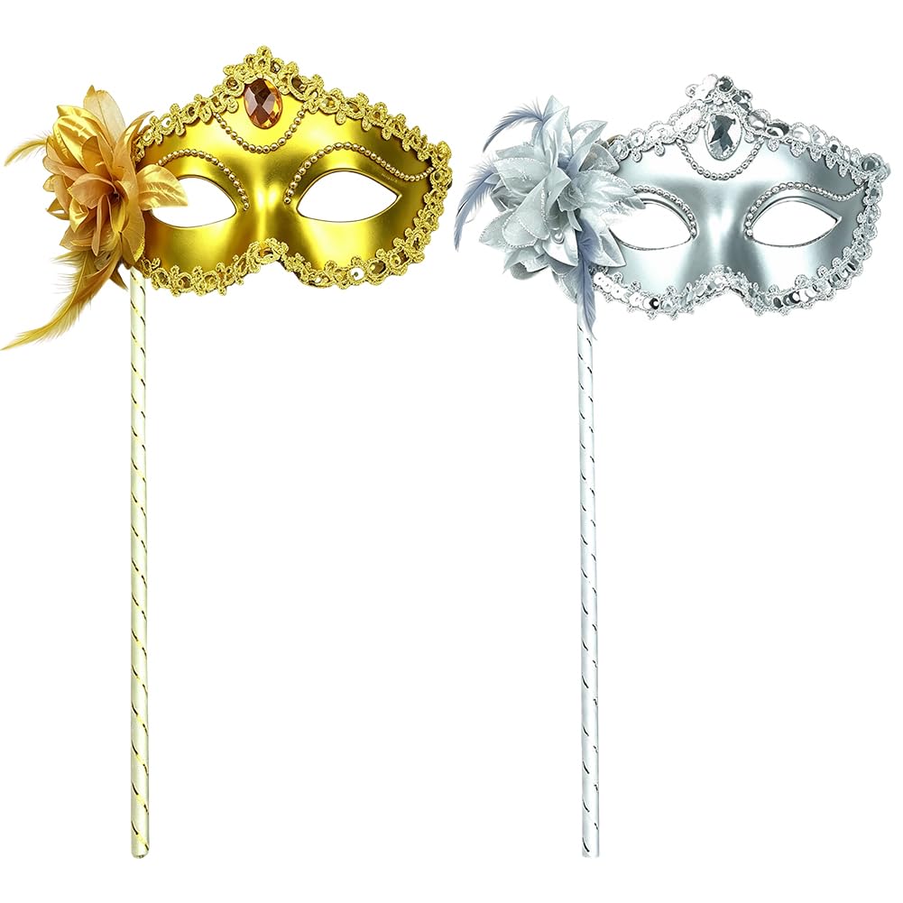 HATFRYF Masquerade Masks, Masquerade Mask with Stick, Face Cover Halloween Costume Mask for Halloween Carnival Cosplay Party - 2 Pieces — image 1