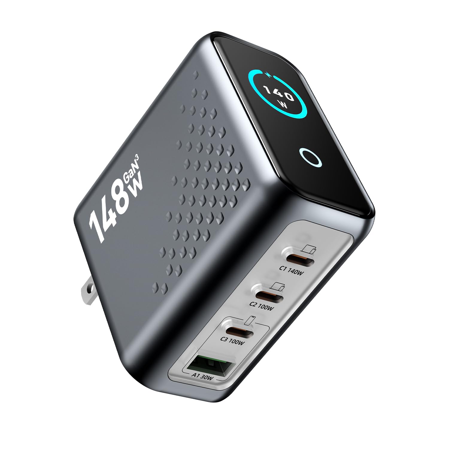 Bloc de charge rapide USB C pliable 148 W, 4 ports GaN III avec écran intelligent, hub PD PPS 140 W pour plusieurs appareils MacBook Pro/Air, iPad, iPhone Pro Max, Galaxy, Dell, HP