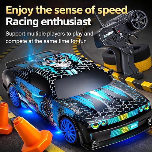 Image of 2.4GHz Remote Control Glowing Drift Car Toy for Kids with LED Lights - 4WD 15Kmph RC Drifting Car with Extra Rubber Tires, Cones Barriers & Rechargeable Battery - Color and Design As Per Stock