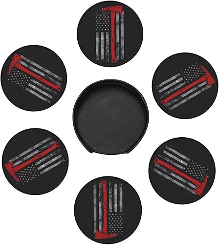Miniatura 7 de Drink Coasters Set of 6, Firefighter Axe Red Line Flag Printed PU Leather Round Coaster with Holder for Outdoor, Office, Bar, Funny Heat-Resistant