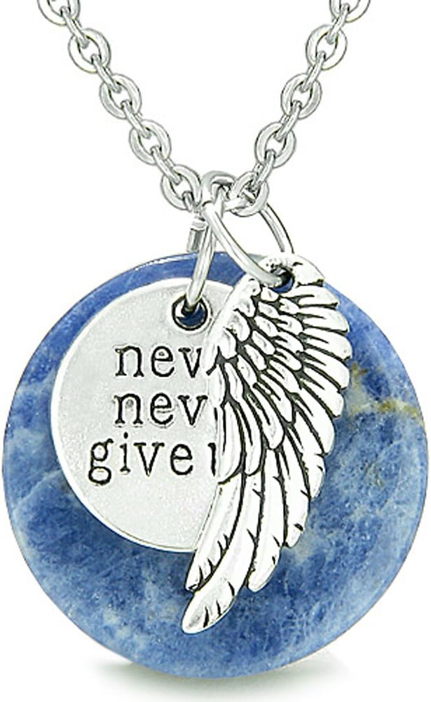 Angel Wing and Inspirational"Never Never Give Up" Amulet Sodalite 18" Necklace