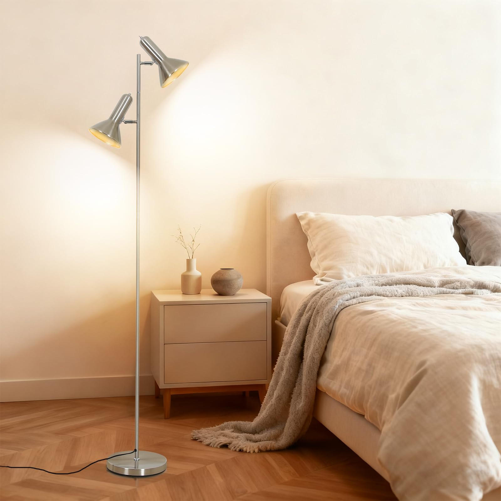 Lampa de Pie de Salotto DIYA-Nichel, 2x E27 MAX. 60W Floor lamp, Lampada da Terra Vintage altezza 272CM, Lampada da Terra Retrò in Metallo per Camera da Letto, Studio, Ufficio, Pianta
