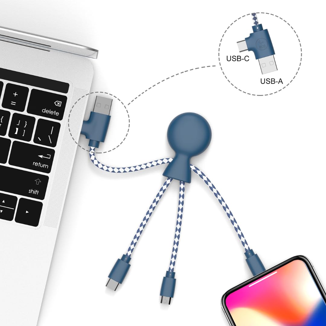 Xoopar Kabel Multi USB Mr Bio 4 w 1, trwały kabel USB, USB-C, micro USB, Lightning do Apple iPhone Samsung Google Huawey Xiaomi OnePlus LG Kindle (niebieski)