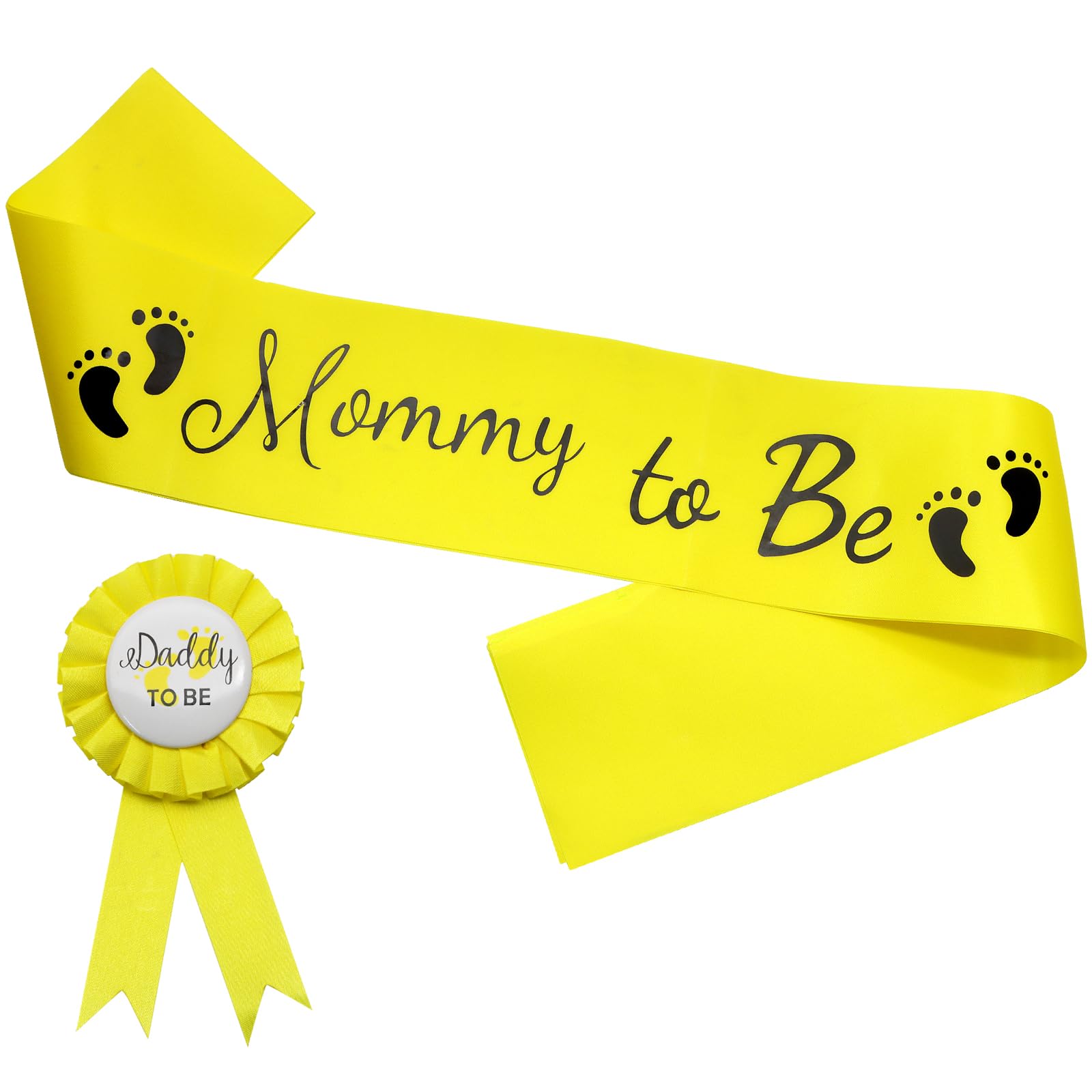 MILVOWOC 2 Pack Baby Shower Sash Set - Yellow Mommy to Be Sash Daddy to Be Badge for