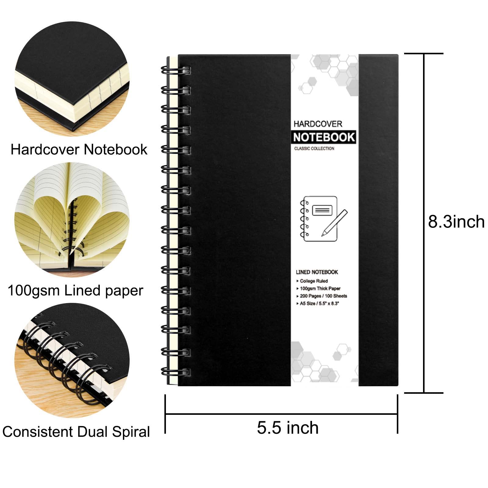 Coopay 4 Stück A5 Hardcover Spiralnotizbuch College Liniert Notizbücher Tagebuch Planer liniert Notizbuch mit herausnehmbaren Trennwänden für Schule Büro Business Supplies 21,1 x 14 cm (schwarz)