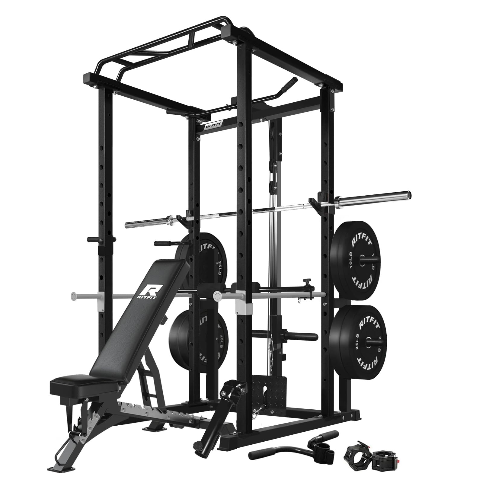 RitFit Squat Rack Power Cage Home Gym Package, Includes 1000LBS Power Rack with LAT Pull Down, Weight Bench, Rubber/Bumper Plates Set with Olympic Barbell (Package 1.6K (Bumper Plate 230LBS))-Black