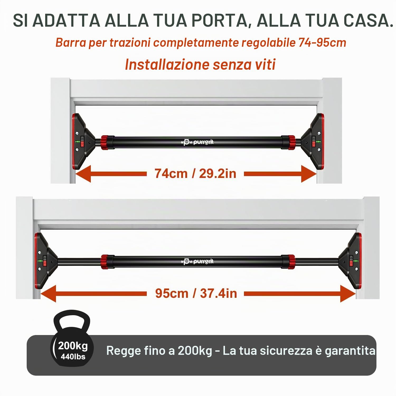 Barra per trazioni per porta senza vite, larghezza regolabile (74-95 cm), capacità 200 kg, con blocco a 360° e 2 imbottiture extra in schiuma per la massima protezione del telaio della porta