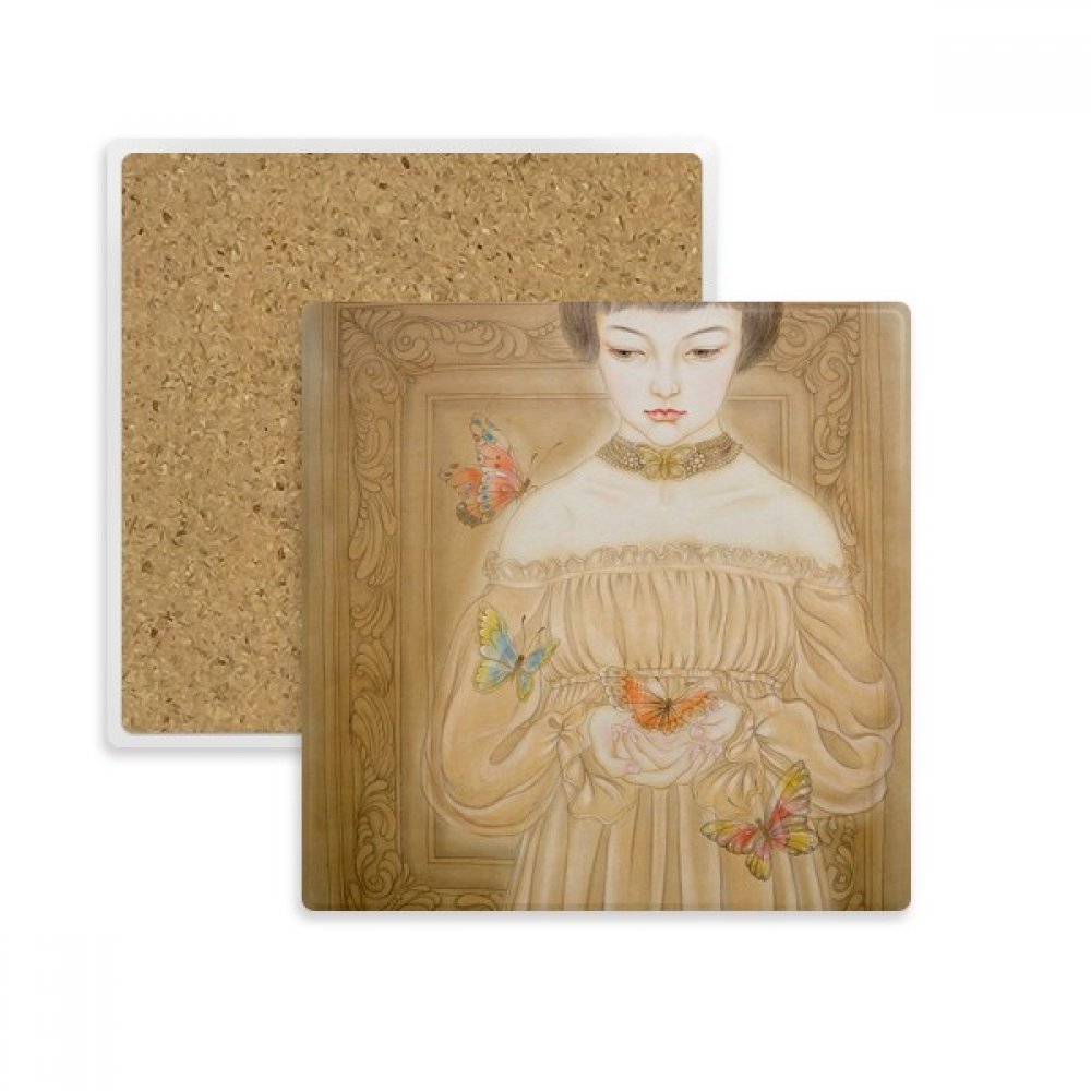 Sous-verre carré en pierre absorbante motif peinture de papillon chinois pour verres et tasses