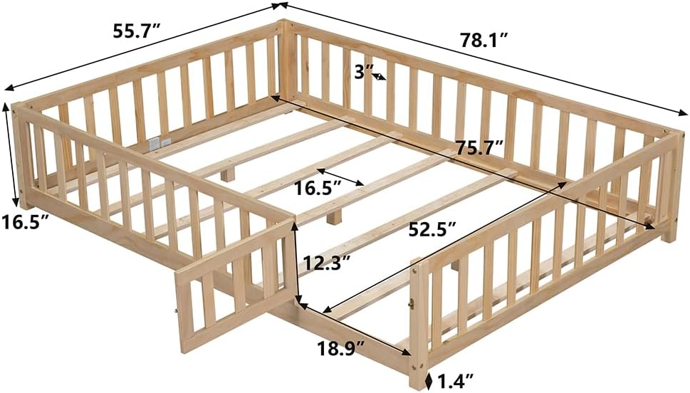 Full Size Floor Platform Bed with Fence and Door for Boys Girls Bedroom Furniture, Wooden Floor Bed Frame with Support Slats No Box Spring Needed Natural