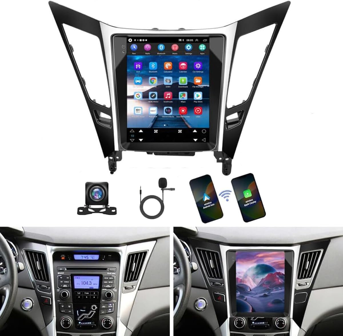 Android 13 Car Radio Fit for Hyundai Sonata 8th Gen 2011-2015, 9.7 Inch Touch Screen with FM/WiFi/USB,with Wireless CarPlay Android Auto Receiver GPS Navigation Bluetooth AHD Backup Camera Mic,2+32G