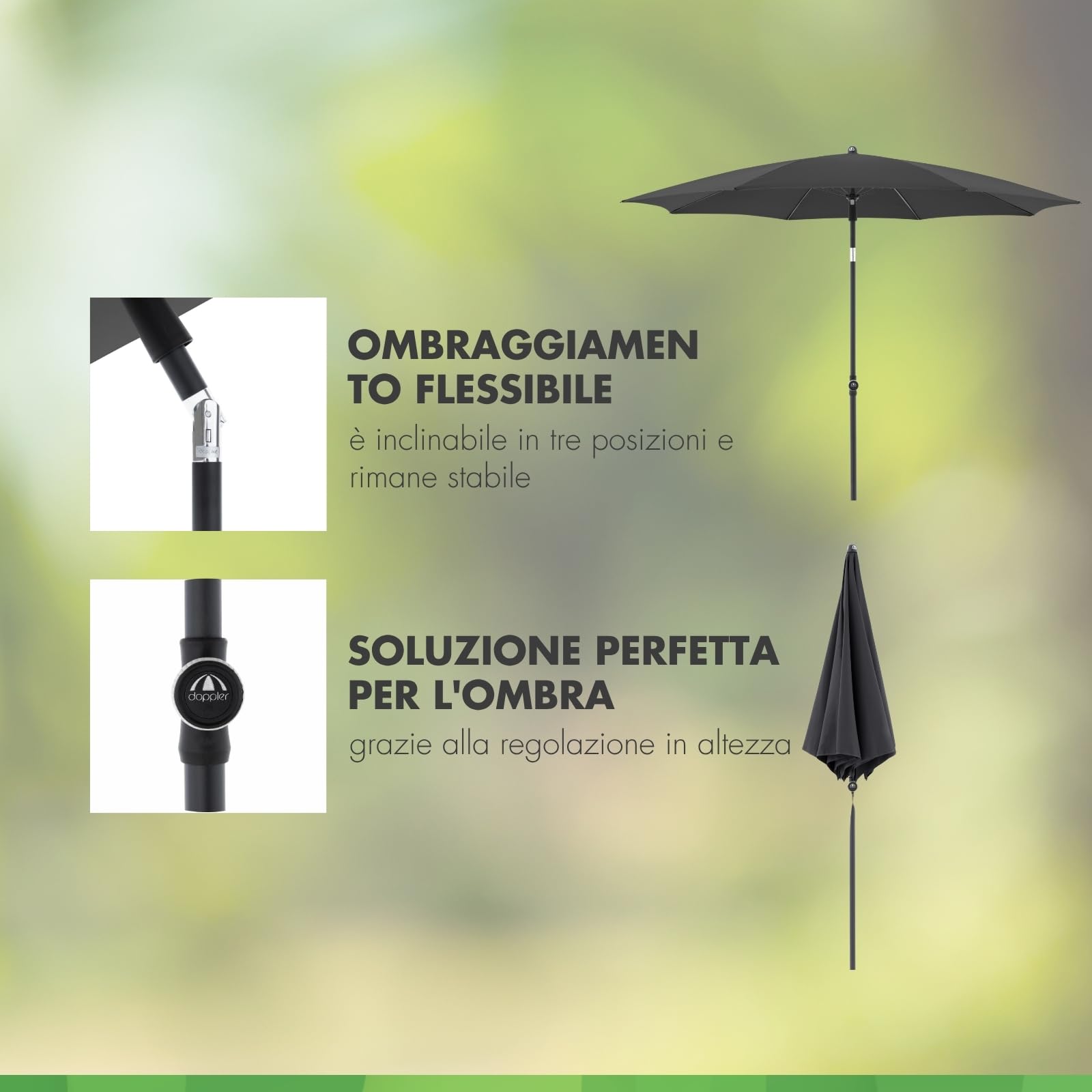 Doppler Parasole Rethink I 200 cm in antracite I rotondo inclinabile per balcone e terrazza I sostenibile I con apertura a mano I Con copertura