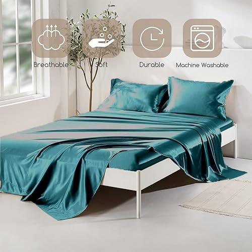 Miniatura 3 de Ropulance Bedding Juego de sábanas de satén de seda 100  pura 4 piezas sábana bajera de seda con bolsillo profundo de 15 pulgadas juego de sábanas y