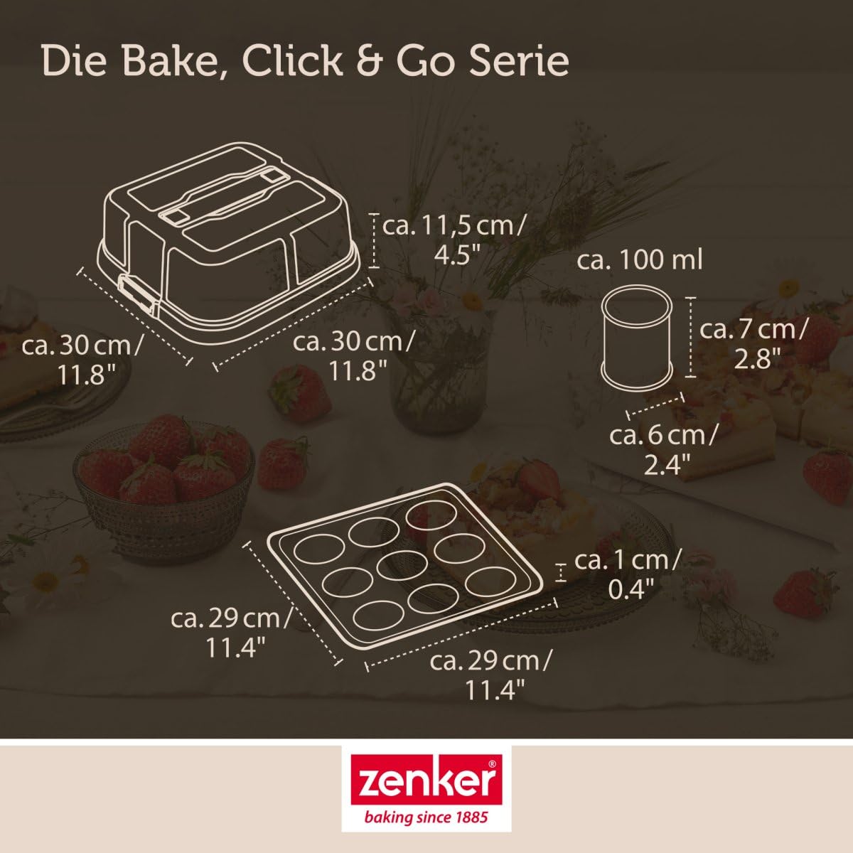 Zenker Bake, Click & Go 9er Törtchenblech mit Haube – 29 x 29 x 7 cm – Backform mit passendem Deckel für den direkten Transport – Kuchenform zum Backen & Transportieren