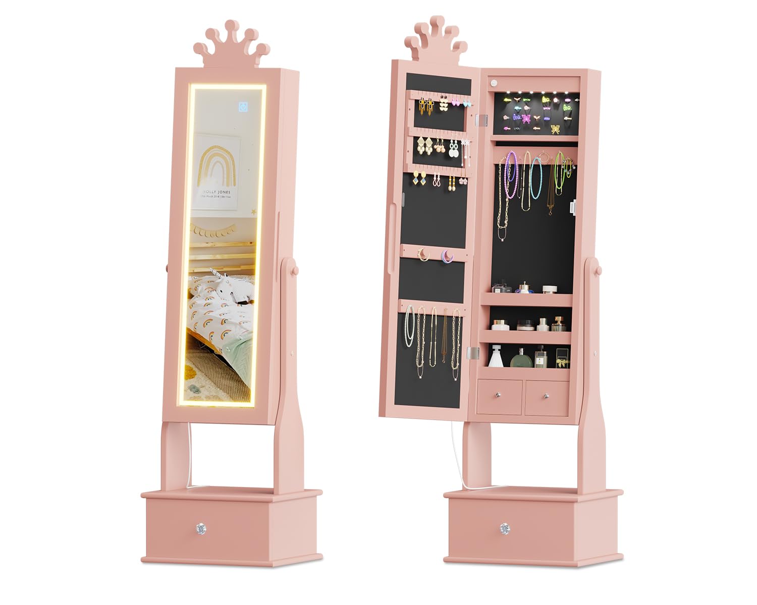 Photo 1 of ****CHECKED 8/2/25 - SOLD AS IS/ NO RETURNS - SALE FINAL - FOR PARTS ONLY****GarveeHome Kids Jewelry Armoire,Child Jewelry Cabinet with Led Light,Freestanding Jewelry Organizer with Full-Length Mirror,3 Storage Drawers,Kids Vanity Dress Up Jewelry Cabinet