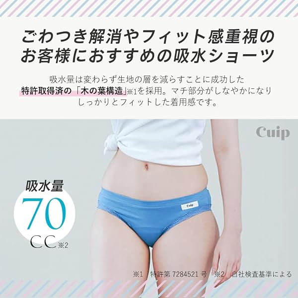 [Cuip] 吸水ショーツ キュイップ（スリムタイプ） 最大70cc吸水 サニタリーショーツ 吸水ショーツ 生理用ショーツ 可愛い レディース レース 浅め 漏れ防止 綿混 尿もれ インナー - 2