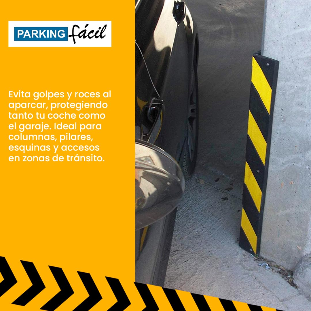 PARKING FACIL | Protector de Esquina de Goma | Para Aparcamientos y Almacenes | Color: Negro y Amarillo | Tamaño: 80 x 10 x 10 cm | Grosor: 8mm | Incluye Tornillería | 2 Unidades