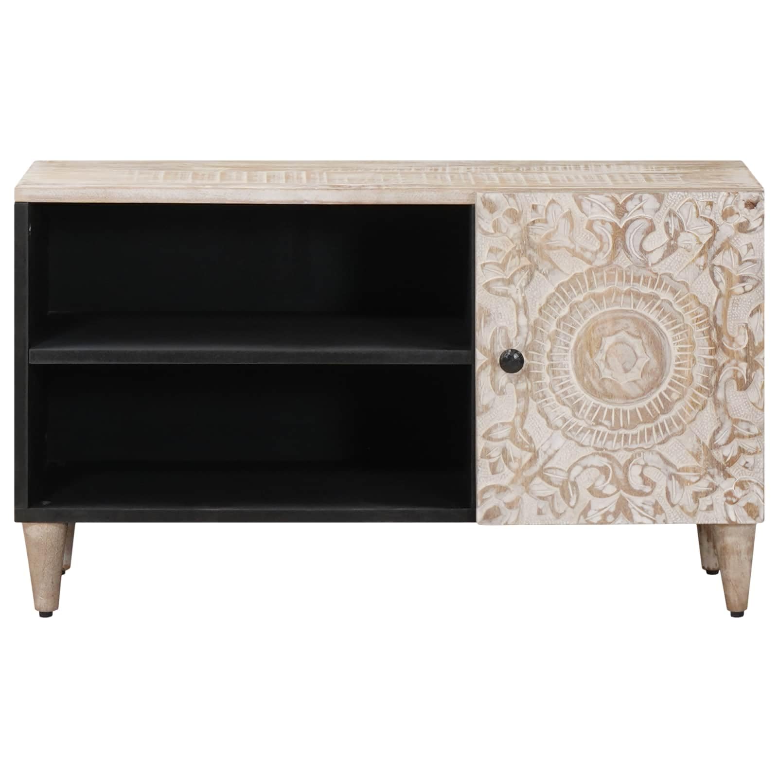 TV-Schränk mit Regal Weiß 80 x 31,5 x 46 cm Massivholz Mango, Lowboard Mediaschrank Sideboard mit Metallfüßen, HiFi Rack für Wohnzimmer und Heimkino, Kommode für TV und Gaming Zubehör